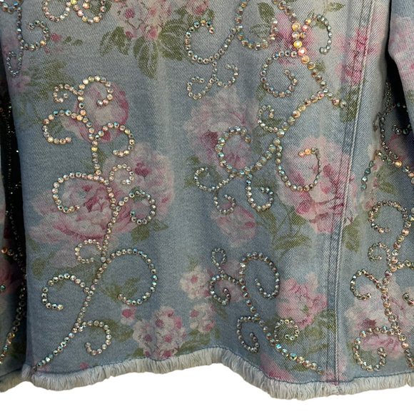 (H-216) Embellished Rose Print Denim Jean Jacket Size L - Picture 4 of 14